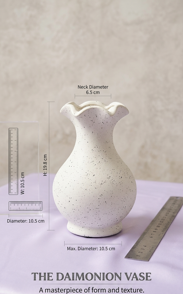 Lacoz Handcrafted Multipurpose Ceramic Flower Vase, White Ruffled Rim Design, Speckled Finish, Decorative Vase for Home Décor, Office, Hotel, School, Hospital