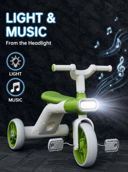 Kids Tricycle Pedal-Powered Ride-On Trike with Built-in Light & Music Headlight EVA Silent Wheels, Anti-Slip Pedals, Comfortable Seat, Durable Frame Indoor & Outdoor First Bicycle for Boys and Girls