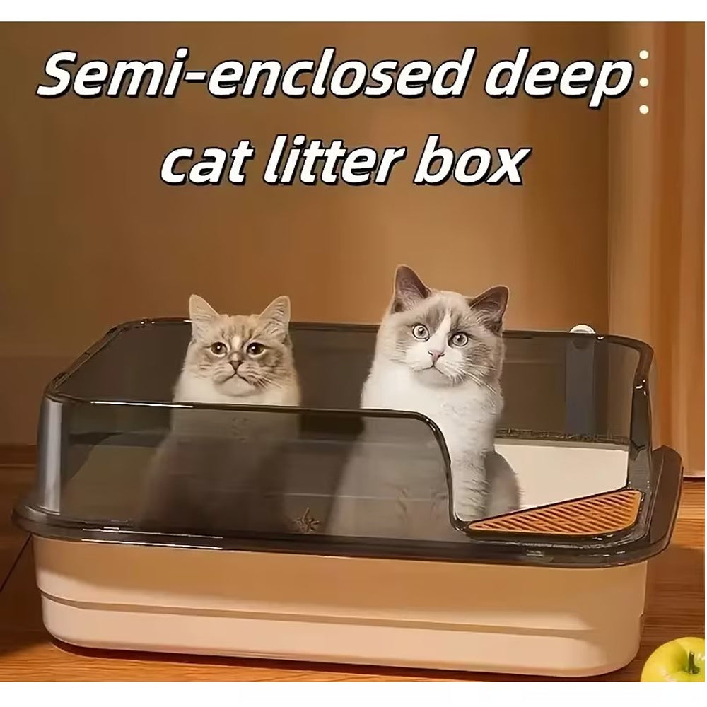 Semi-Enclosed Large Cat Litter Box with High Walls & Anti-Tracking Pedal Spacious Open Top Kitty Toilet Tray with Scoop for Multi-Cat Homes