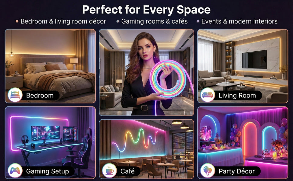 5M LED Neon Rope Light RGB IC Smart Strip, App Control, Music Sync, Waterproof IP68 Flexible Neon LED Strip with Remote & Timer for Home, Bedroom, Outdoor Decoration
