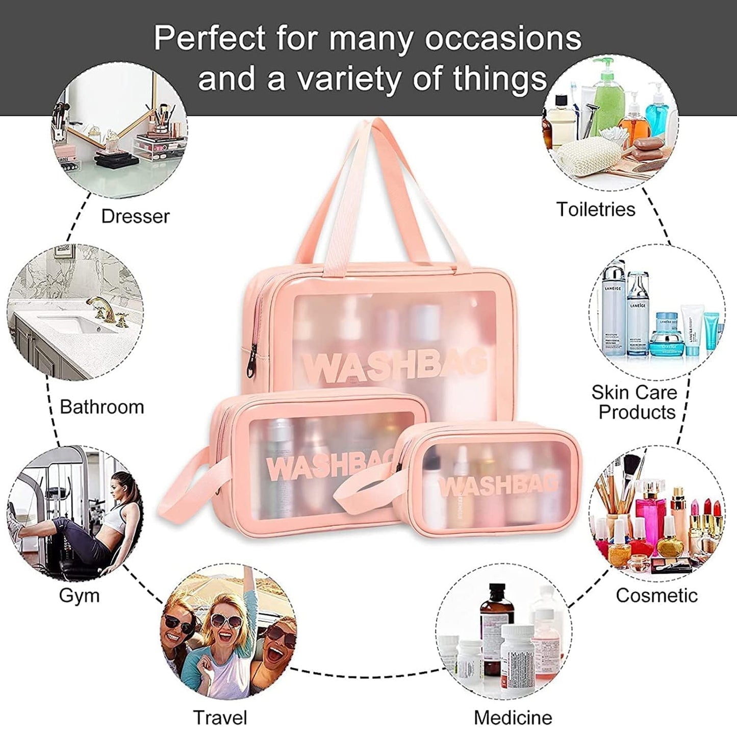 Set of 3 Waterproof Travel Wash Bags with Transparent Window Zipper Closure & Carry Handle – Portable Cosmetic, Toiletry & Makeup Organizer Set for Travel, Bathroom & Daily Use
