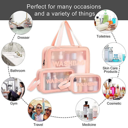 Set of 3 Waterproof Travel Wash Bags with Transparent Window Zipper Closure & Carry Handle – Portable Cosmetic, Toiletry & Makeup Organizer Set for Travel, Bathroom & Daily Use
