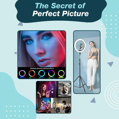 RGB LED Soft Ring Light with Mobile Holder & Adjustable Brightness 360° Rotating Selfie Ring Light for Live Streaming, Makeup, Photography & Video Recording (10 Inch)