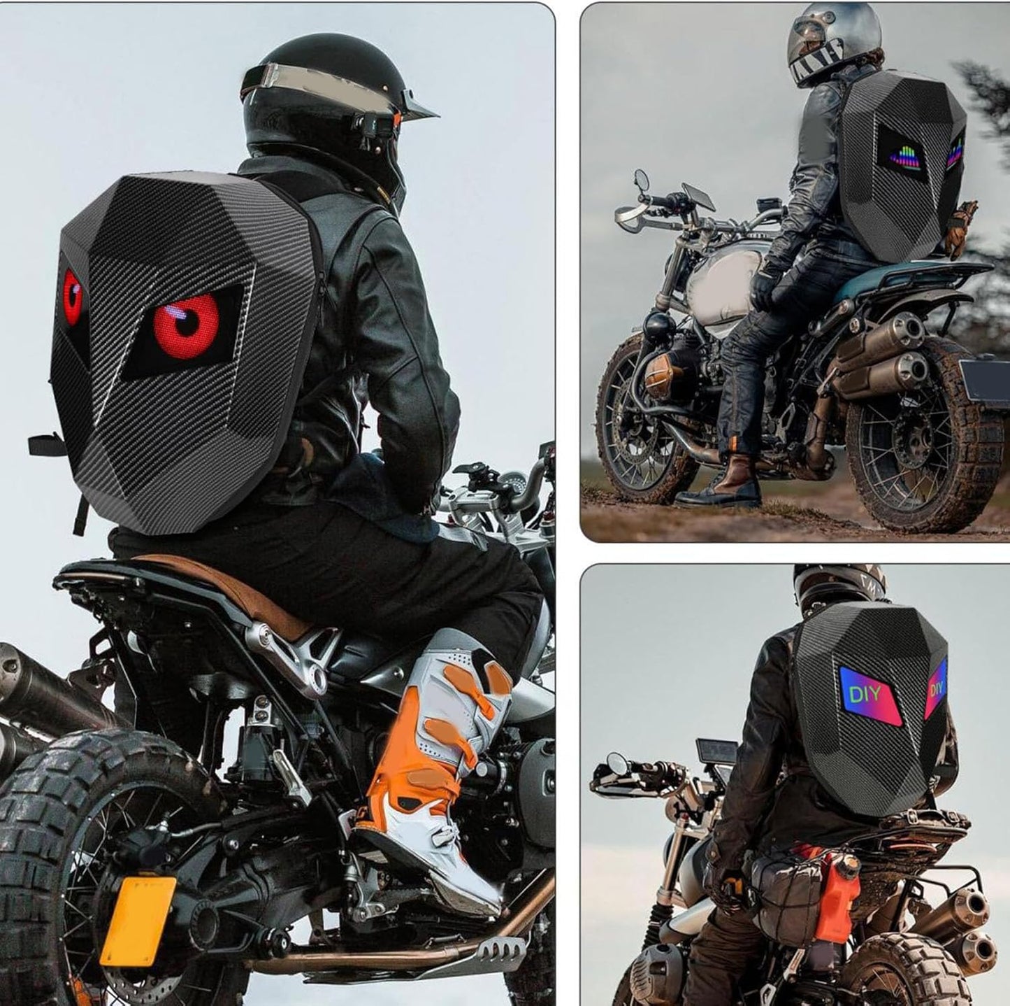 Knight Backpack, Hard Shell Motorcycle Riding Backpack LED Motorcycle Backpack, Programmable Helmet Backpack Cycling Travel Daypack for Cycling - Black