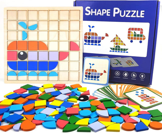 Colorful Pattern Block Puzzle Board with Cards Educational Shape Matching Game Brain Development and Hand-Eye Coordination Learning Toy for Boys and Girls