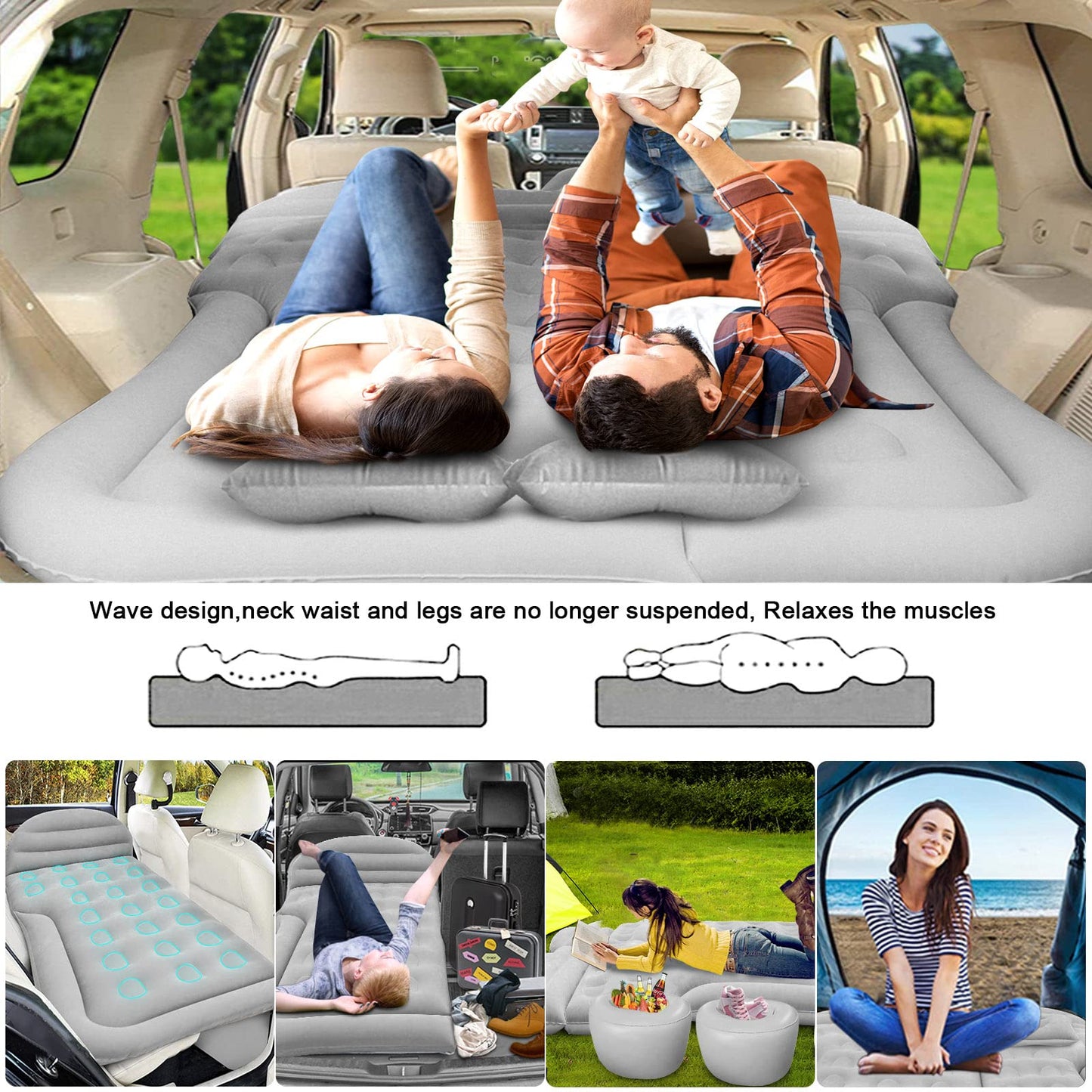 Multi Purpose Inflatable Car Air Bed Mattress for SUV MPV and Car Portable Travel Sleeping Bed with Pump Durable & Comfortable for Camping Road Trips and Outdoor Adventures (Beige)