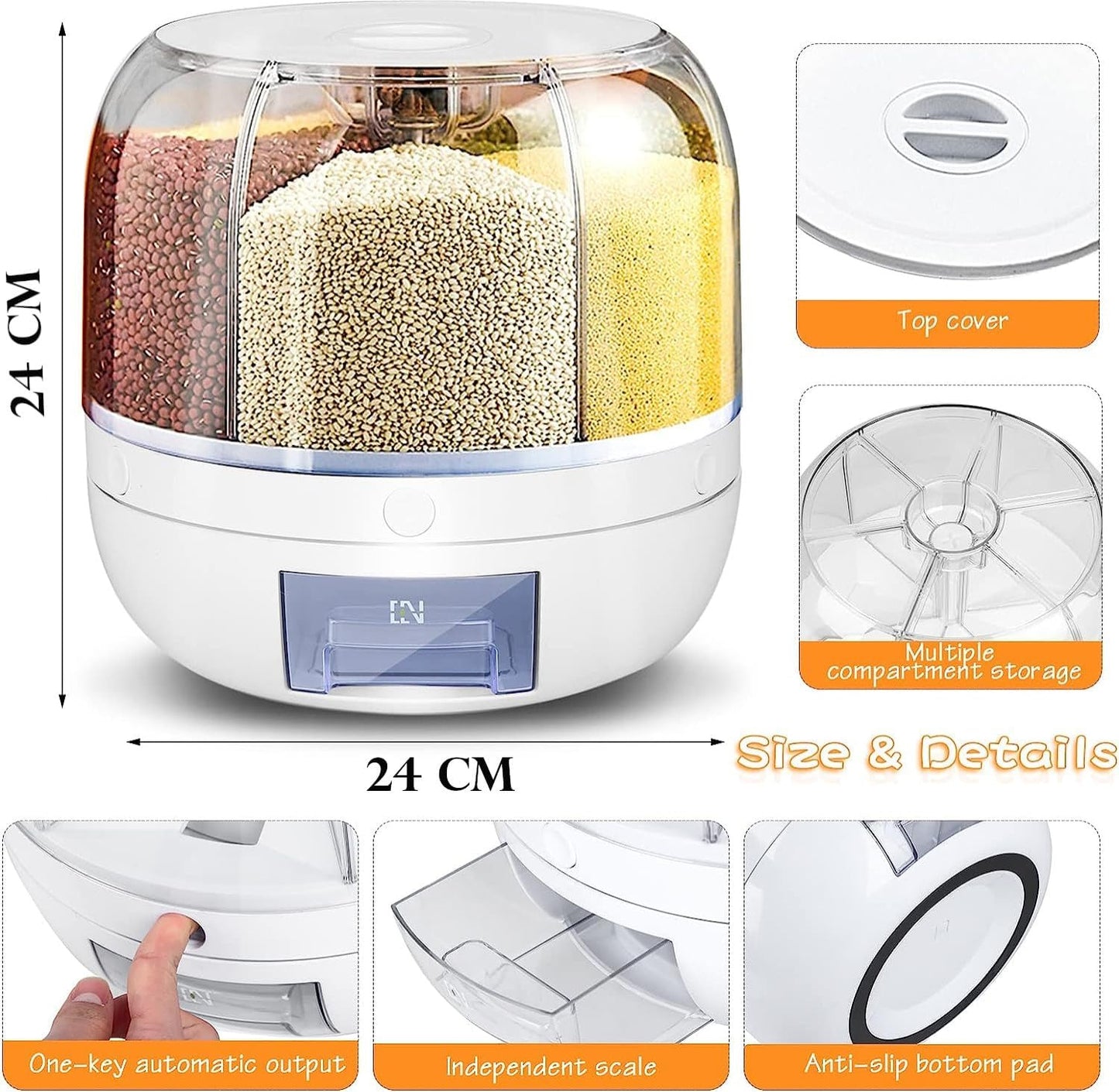 Rotating Rice Dispenser 7L Multi Grain Storage Container with 360 Degree Rotation & One Touch Dispensing System for Kitchen Pantry Storage