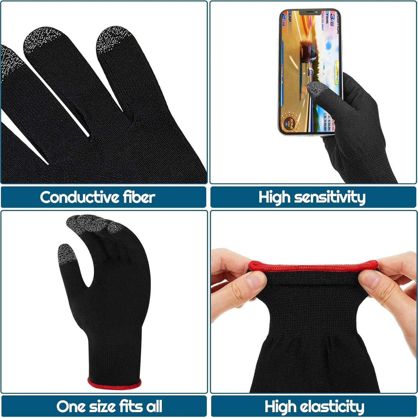 Game Gloves for Mobile Gaming Anti-Sweat Breathable Touch Finger Gloves with High Sensitivity, Anti-Slip & Stretch Fit for PUBG, COD, Racing & FPS Games Black