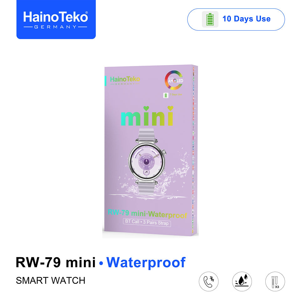 HainoTeko RW-79 Mini Waterproof Smart Watch with AMOLED Display Bluetooth Call 3 Interchangeable Straps and Charging Cable Designed for Ladies