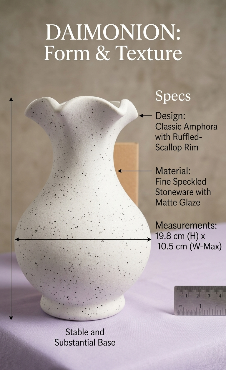 Lacoz Handcrafted Multipurpose Ceramic Flower Vase, White Ruffled Rim Design, Speckled Finish, Decorative Vase for Home Décor, Office, Hotel, School, Hospital