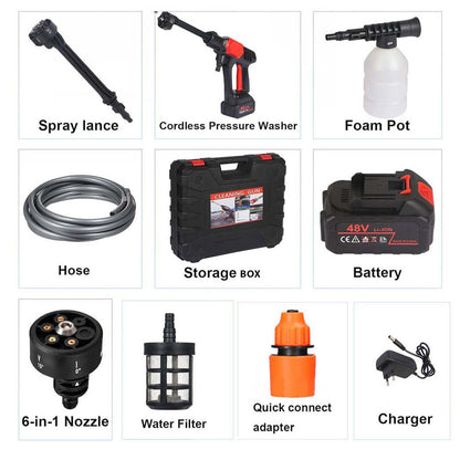 Cordless High Pressure Washer Gun 48V Rechargeable Portable Car Washer Spray Gun with Foam Bottle, Multi-Nozzle Water Spray, Battery Powered Cleaning Machine for Car, Bike, Garden & Home Use