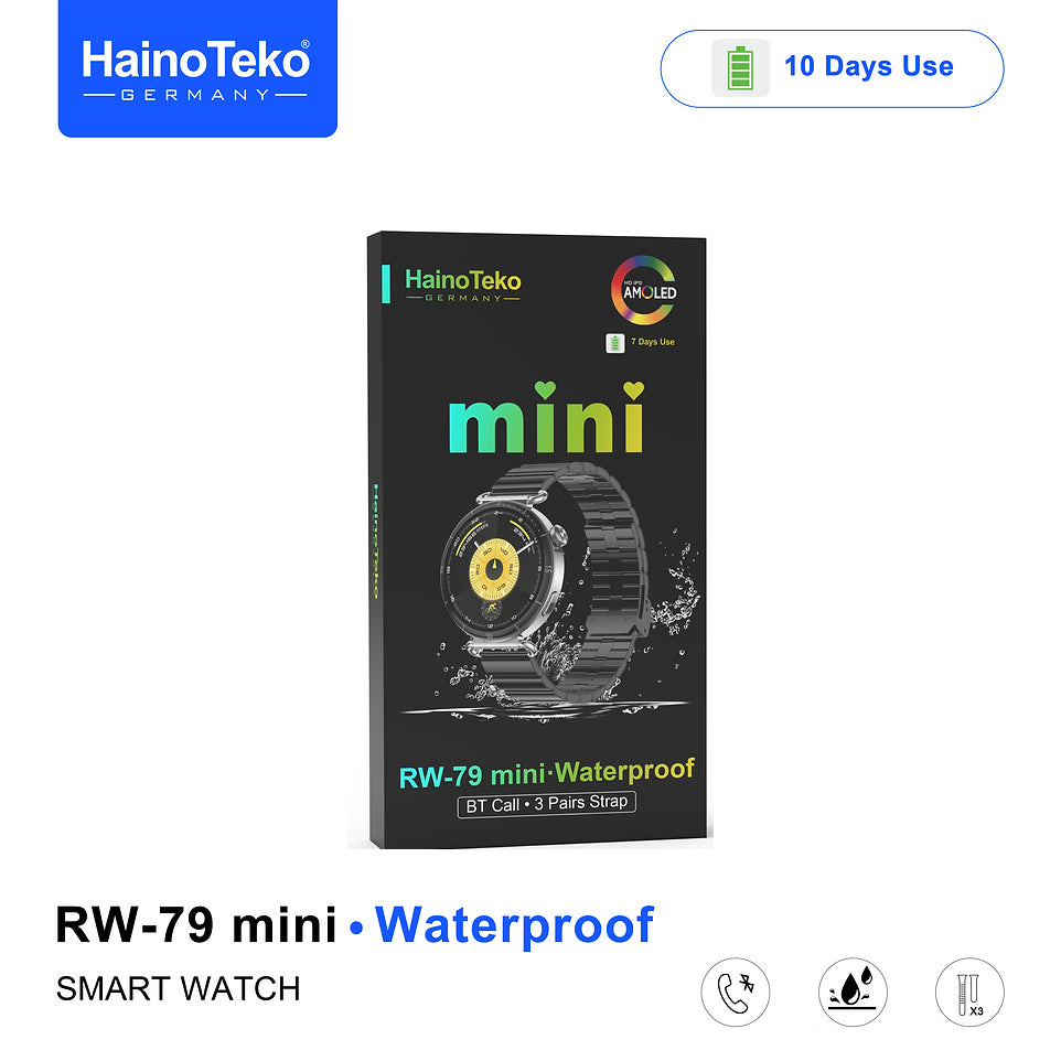 HainoTeko RW-79 Mini Waterproof Smart Watch with AMOLED Display Bluetooth Call 3 Interchangeable Straps and Charging Cable Designed for Ladies