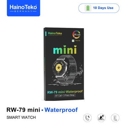 HainoTeko RW-79 Mini Waterproof Smart Watch with AMOLED Display Bluetooth Call 3 Interchangeable Straps and Charging Cable Designed for Ladies
