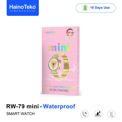 HainoTeko RW-79 Mini Waterproof Smart Watch with AMOLED Display Bluetooth Call 3 Interchangeable Straps and Charging Cable Designed for Ladies
