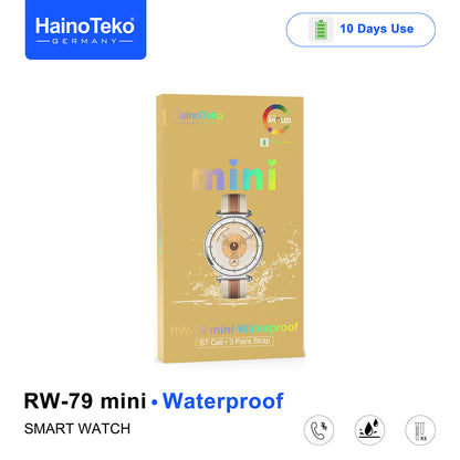 HainoTeko RW-79 Mini Waterproof Smart Watch with AMOLED Display Bluetooth Call 3 Interchangeable Straps and Charging Cable Designed for Ladies