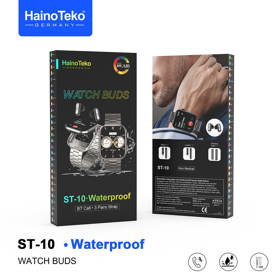 HainoTeko ST-10 Watch Buds with AMOLED Display, Bluetooth Calling Smartwatch with Built-in Earbuds, Waterproof Smart Watch 3 Interchangeable Straps Fitness Tracker Designed for Ladies and Gents