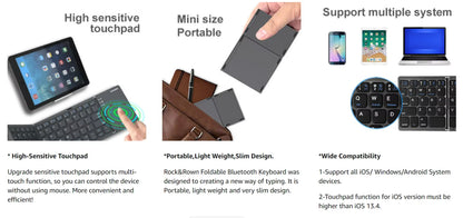 Foldable Bluetooth Keyboard with Touchpad, Portable Tri-Fold Wireless Keyboard, Rechargeable Compact Keyboard for Windows, Android, iOS, Tablets, Smartphones & Laptops