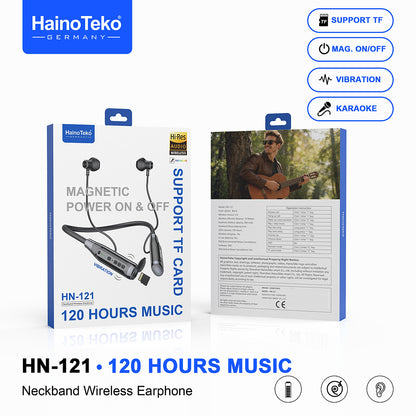 HainoTeko HN-121 Neckband Wireless Earphones 120 Hours Music Playback with Magnetic Power On/Off TF Card Support Vibration Alert and Karaoke Mode Black