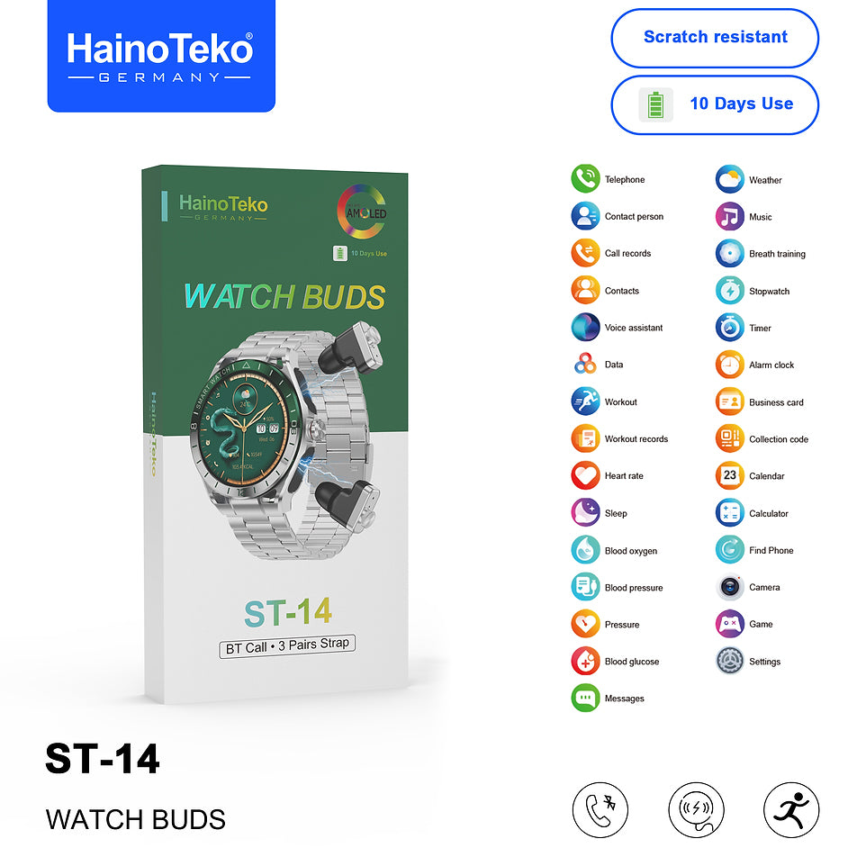 Haino Teko ST-14 Watch Buds Smartwatch with Built-in Wireless Earbuds Bluetooth Calling, AMOLED Display, 3 Interchangeable Straps, Health Monitoring, Multi-Sport Modes & Long Battery Life Designed for Men
