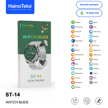 Haino Teko ST-14 Watch Buds Smartwatch with Built-in Wireless Earbuds Bluetooth Calling, AMOLED Display, 3 Interchangeable Straps, Health Monitoring, Multi-Sport Modes & Long Battery Life Designed for Men