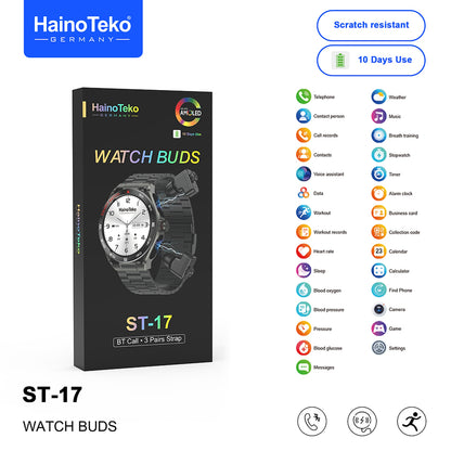 HainoTeko ST-17 Watch Buds Smartwatch with Built-in Wireless Earbuds, AMOLED Display, Bluetooth Calling, 3 Interchangeable Straps Multiple Sports Modes and 10-Day Battery Life Designed for Men