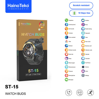 HainoTeko ST-15 Watch Buds Smartwatch with Built-in Earbuds Bluetooth Calling, AMOLED Display, 10-Day Battery Life, Health Monitoring and 3 Pair Straps Designed for Men