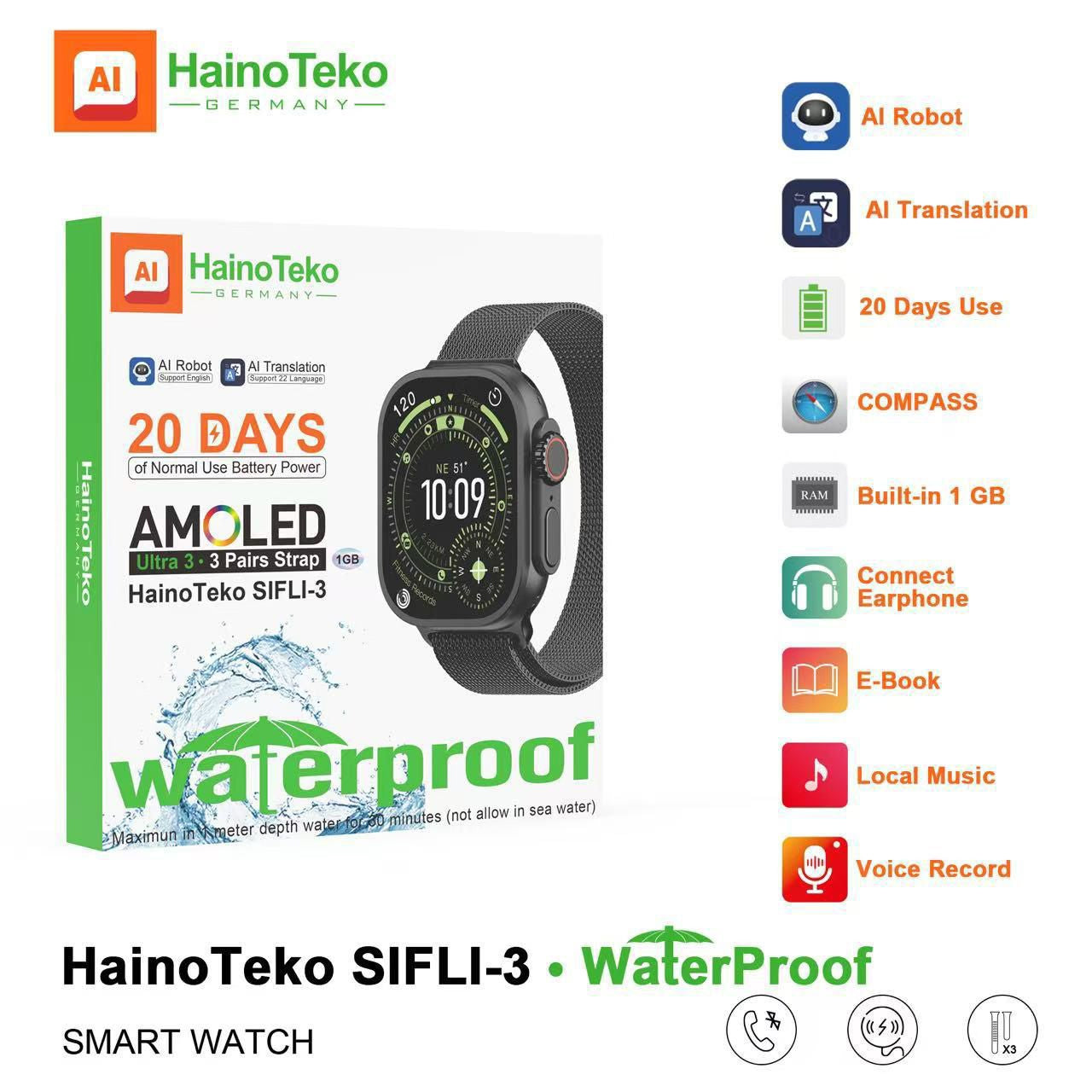 HainoTeko SIFLI-3 Waterproof Design Smart Watch with 2.02 Inch AMOLED Display BT Calling AI Translation 20 Days Battery Backup 3 Pair Straps and Charging Cable Designed for Men