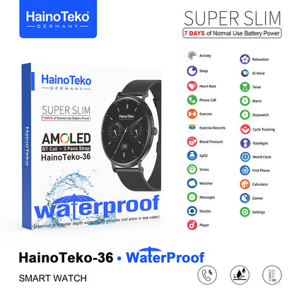 HainoTeko-36 Super Slim Waterproof Design Smart Watch with AMOLED Display Bluetooth Calling, 7-Day Battery Life Multiple Sports Modes and 3 Interchangeable Straps Designed for Ladies and Gents