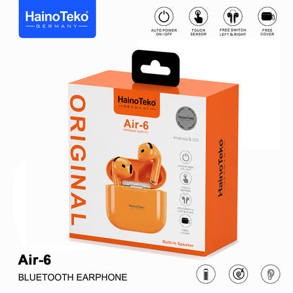 HainoTeko Air-6 TWS Bluetooth Earbuds with Charging Case Built-in Speaker, Touch Control and HD Microphone Compatible With iPhones and iPads Orange
