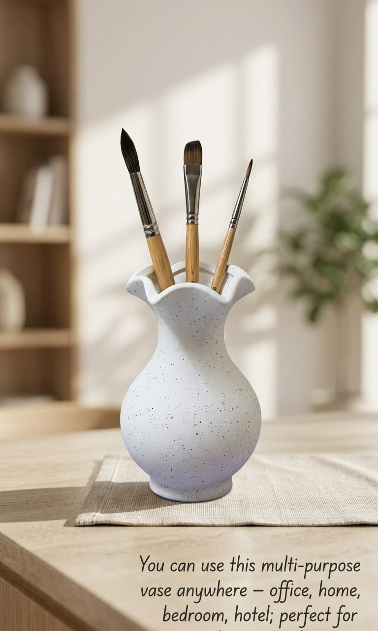 Lacoz Handcrafted Multipurpose Ceramic Flower Vase, White Ruffled Rim Design, Speckled Finish, Decorative Vase for Home Décor, Office, Hotel, School, Hospital
