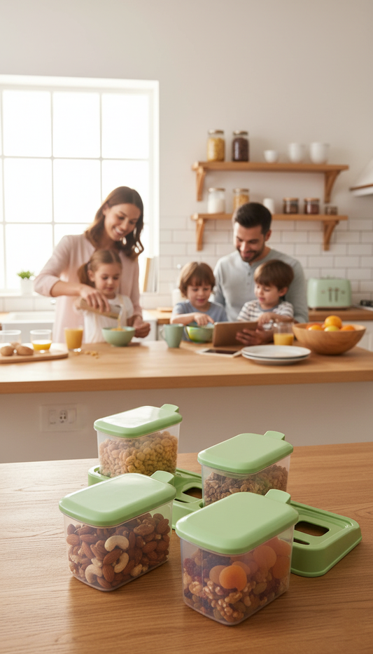 4 Piece Seasoning Box Set with Serving Spoons, Clear, Flip Lids, Non-Slip Tray, Dust-Proof Storage Containers for Salt, Sugar, Pepper, Spices and Try Fruit