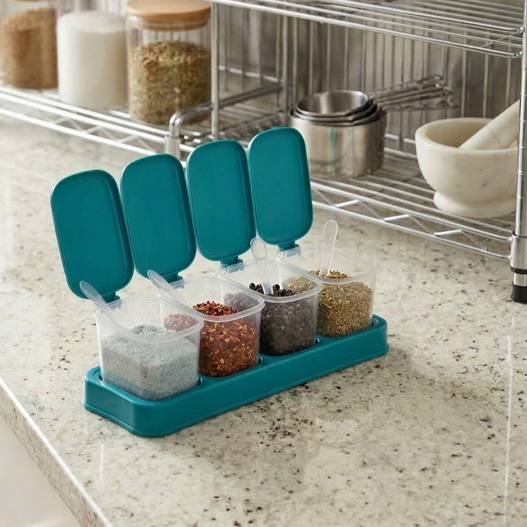 4 Piece Seasoning Box Set with Serving Spoons, Clear, Flip Lids, Non-Slip Tray, Dust-Proof Storage Containers for Salt, Sugar, Pepper, Spices and Try Fruit