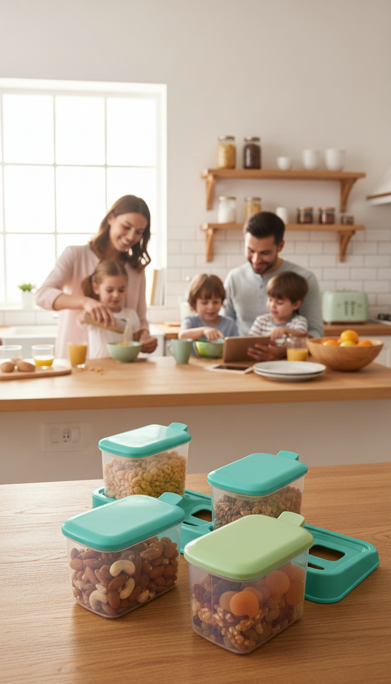 4 Piece Seasoning Box Set with Serving Spoons, Clear, Flip Lids, Non-Slip Tray, Dust-Proof Storage Containers for Salt, Sugar, Pepper, Spices and Try Fruit
