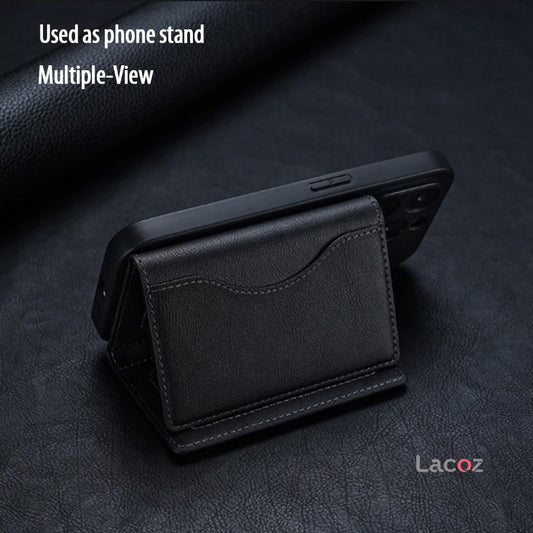 Lacoz Leather Trifold Card Holder with Magnetic Closure, 6 Slots, ID Window, Photo Window, Unisex