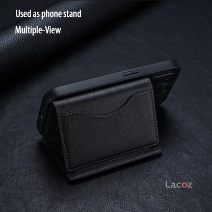Lacoz Leather Trifold Card Holder with Magnetic Closure, 6 Slots, ID Window, Photo Window, Unisex