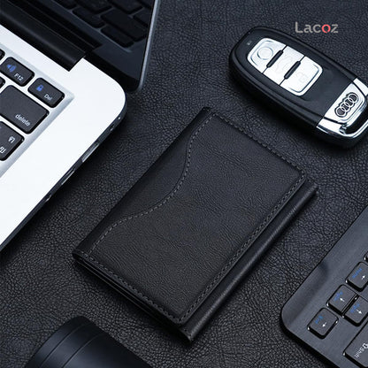 Lacoz Leather Trifold Card Holder with Magnetic Closure, 6 Slots, ID Window, Photo Window, Unisex