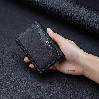 Lacoz Leather Trifold Card Holder with Magnetic Closure, 6 Slots, ID Window, Photo Window, Unisex