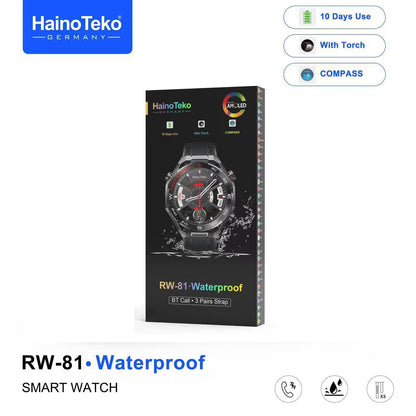 HainoTeko RW-81 Waterproof Smart Watch with Bluetooth Calling AMOLED Display 10 Days Battery Backup and 3 Pair Straps
