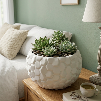 Hexagonal Textured Ceramic Succulent Pot – Modern White Planter
