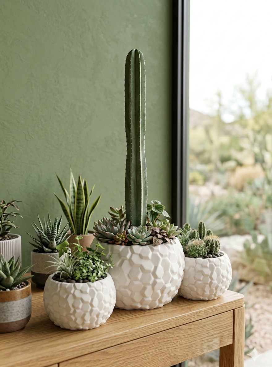 Hexagonal Textured Ceramic Succulent Pot – Modern White Planter