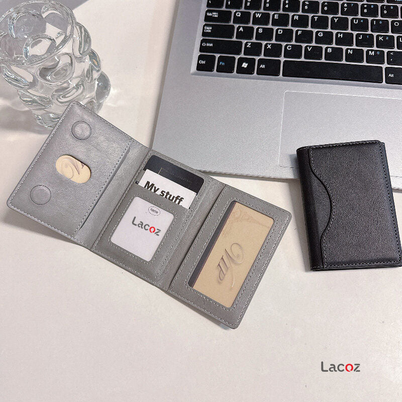 Lacoz Leather Trifold Card Holder with Magnetic Closure, 6 Slots, ID Window, Photo Window, Unisex