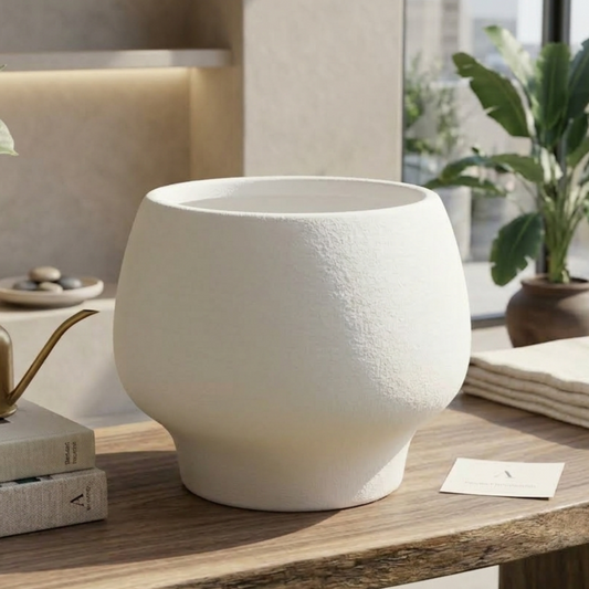 Lacoz Lacoz Ceramic Pot, White, Textured Finish, Round Sculpted Body with Pedestal Base, 16 cm Height, for Succulents and Herbs