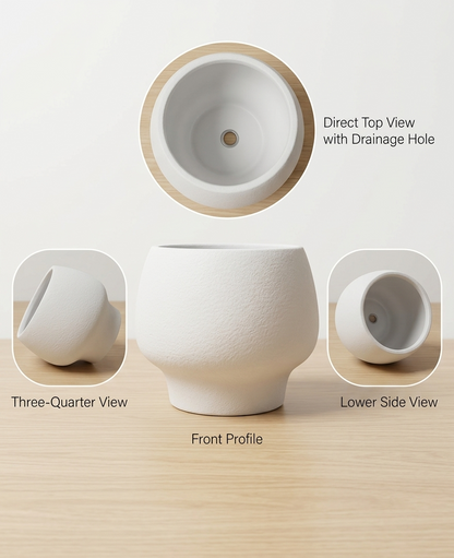 Lacoz Lacoz Ceramic Pot, White, Textured Finish, Round Sculpted Body with Pedestal Base, 16 cm Height, for Succulents and Herbs
