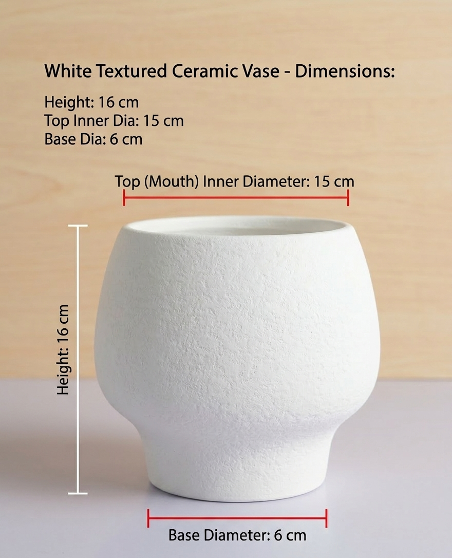 Lacoz Lacoz Ceramic Pot, White, Textured Finish, Round Sculpted Body with Pedestal Base, 16 cm Height, for Succulents and Herbs