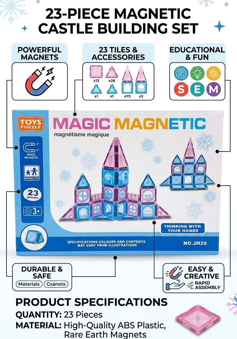 23 Piece Magnetic Castle Building Tiles Set for Kids Educational STEM Construction Toy Strong Magnet Blocks Creative Learning Puzzle Toy Safe ABS Plastic Building Toy for Boys and Girls