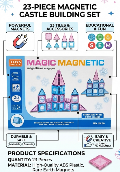 23 Piece Magnetic Castle Building Tiles Set for Kids Educational STEM Construction Toy Strong Magnet Blocks Creative Learning Puzzle Toy Safe ABS Plastic Building Toy for Boys and Girls