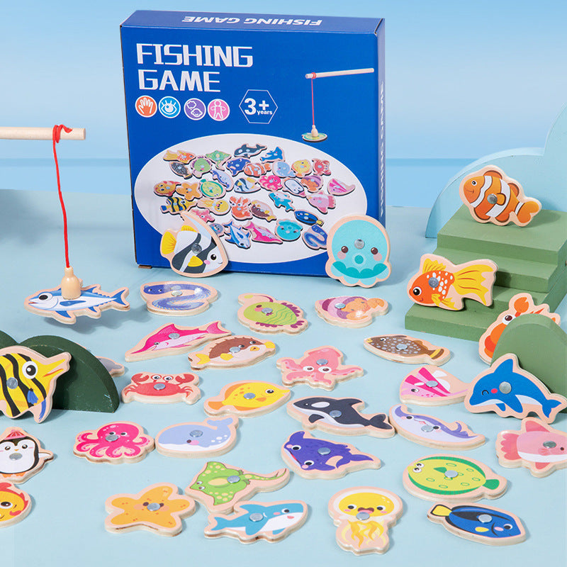 Magnetic Fishing Game Toy Set for Kids 3+ Years Wooden Educational Fishing Toy with 33 Sea Animals Magnetic Fishing Rod Early Learning & Hand-Eye Coordination Montessori Toy