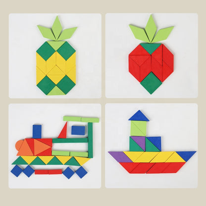 Wooden Pattern Block Puzzle Set for Kids 3+ Years – 102 Piece Colorful Shape Blocks with 48 Challenge Cards Educational Brain Teaser Toy for Learning Shapes Creativity and Parent-Child