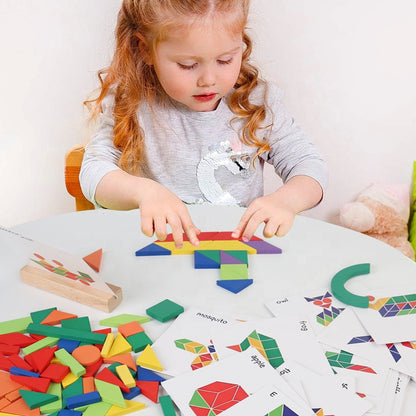 Wooden Pattern Block Puzzle Set for Kids 3+ Years – 102 Piece Colorful Shape Blocks with 48 Challenge Cards Educational Brain Teaser Toy for Learning Shapes Creativity and Parent-Child