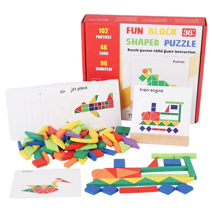 Wooden Pattern Block Puzzle Set for Kids 3+ Years – 102 Piece Colorful Shape Blocks with 48 Challenge Cards Educational Brain Teaser Toy for Learning Shapes Creativity and Parent-Child